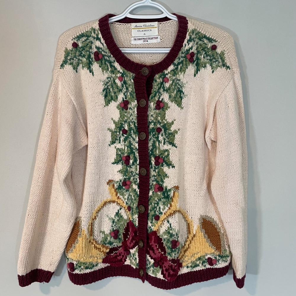 Marisa Christina Classics 1994 VTG Christmas Cardigan Sweater Small French Horn